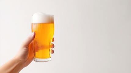 Hand holding beer glass isolated white background. AI generated - obrazy, fototapety, plakaty