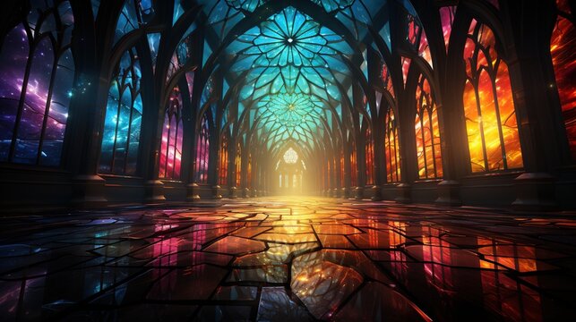  a painting of a hallway with stained glass windows and a bright light.  generative ai