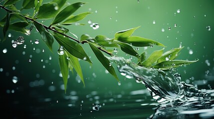  a branch of a tree with water drops falling off of it.  generative ai