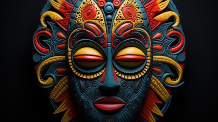  a colorful mask with red, yellow, and blue designs.  generative ai