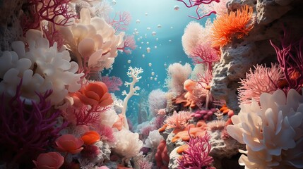  an underwater scene with corals and other corals on the bottom of the water.  generative ai