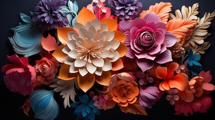  a bunch of flowers that are on a black surface with a black background.  generative ai