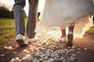 Close up photo of young people in nice stylish shoes going to wedding ceremony made with generative AI