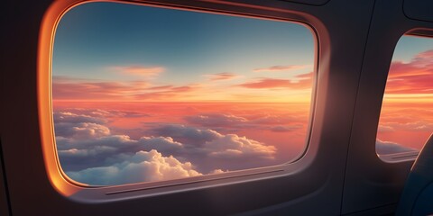Fototapeta premium view from airplane window seat overlooking sunset horizon and clouds