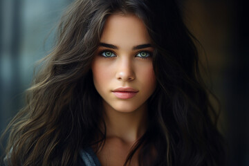 Fototapeta premium Generative Ai portrait of young girl woman brunette hairdo isolated over blurred lights background