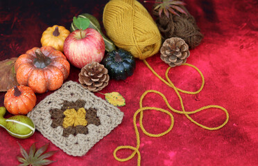 Fototapeta na wymiar Autumn crocheting. Top view photo of wool yarn balls, apples, squashes and leaves on red background with copy space. Coziness concept. 