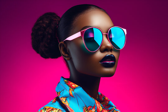 Generative Ai portrait of young black woman wearing sunglass modern picture vivid magenta colors