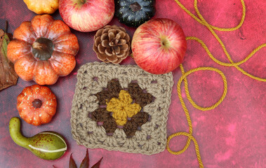 Fototapeta na wymiar Autumn still life with pumpkins, apples and yarn on red background with copy space. Autumn crochet ideas. Cozy home concept. 