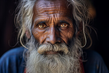 Generative AI close up photo of old homeless poor unhappy upset man looking straight into the camera