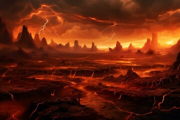 A landscape of fiery wastelands illuminated by lightning storm. Generative AI - obrazy, fototapety, plakaty
