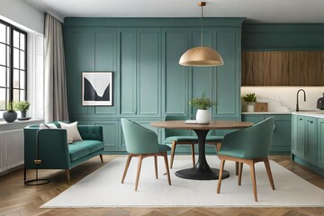 Mint color four chairs around the wooden table, A plant on the table in modern living room- Generated by AI