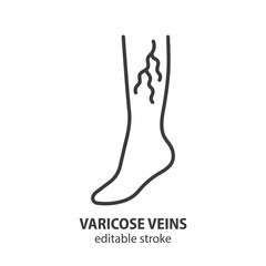 Varicose veins line icon. Leg veins thrombosis disease vector sign. Editable stroke. - 647341824
