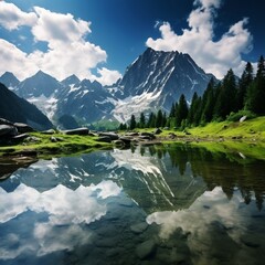 Naklejka na ściany i meble a serene mountain reflection in a pristine alpine lake