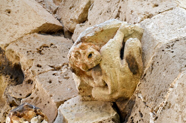 A detailed close-up of an ancient, weathered stone carving, possibly a grotesque or animal figure,...