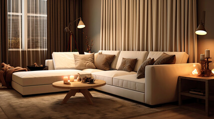Fototapeta na wymiar interior design of modern living room with beige fabric sofa and cushions. Generative Ai