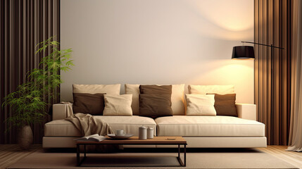 interior design of modern living room with beige fabric sofa and cushions. Generative Ai