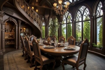 Fototapeta na wymiar Stunning castle-like dining room design: vibrant, charming, and distinctive ambiance for home decor, furniture, and architectural transformations. Generative AI