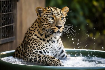 Leopard bathing in tub. Generative AI