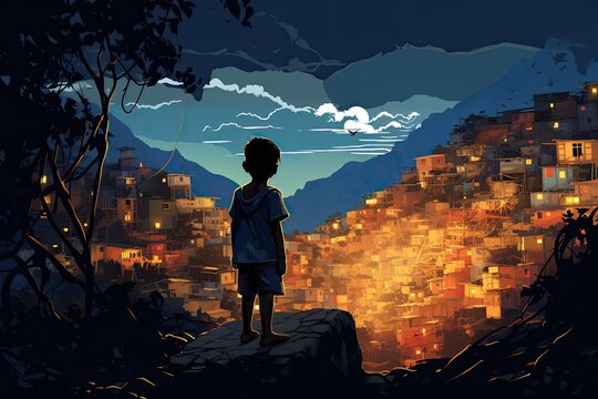 child in favela at night illustration
