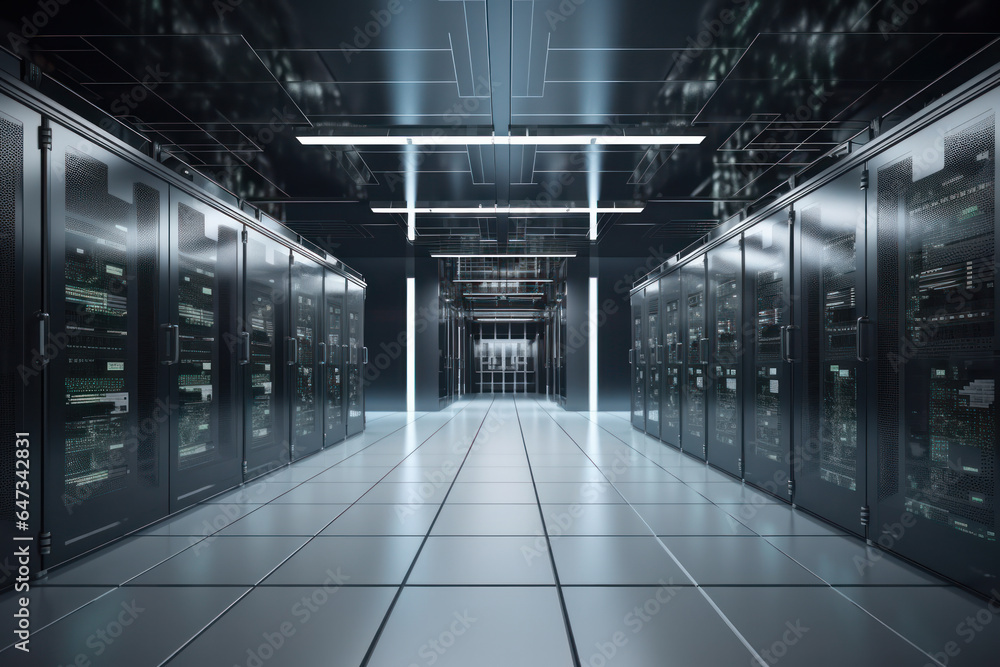 Poster rows of neatly arranged server racks in a data center room, equipped with state-of-the-art hardware 