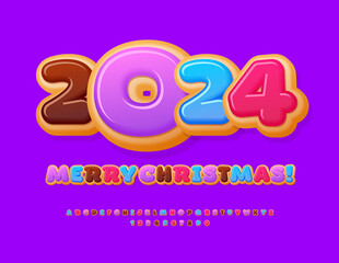 Vector sweet greeting card Merry Christmas 2024! Colorful Donut Font. Delicious set of funny Alphabet Letters and Numbers