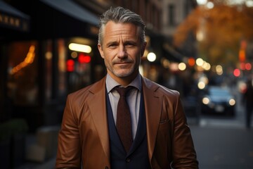 Businessman standing by the sidewalk in an urban setting.