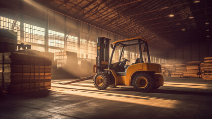 photograph of A forklift lifting in industrial plant. telephoto lens realistic natural lighting ,generative ai