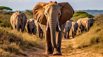 Fototapeta premium A herd of Elephants walking through a grassland