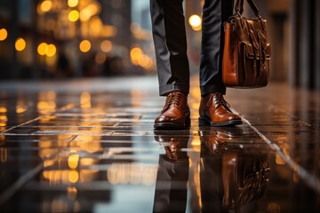 Businessman standing by the sidewalk in an urban setting.