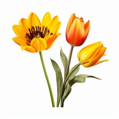 A set of flowers tulip and sunflower against isolated white background