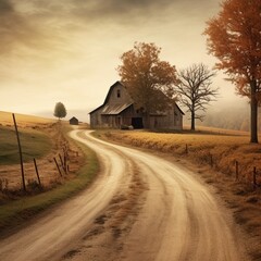 a simple picturesque countryside with a winding dirt road and a rustic barn