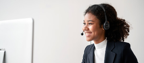 Female call center provides information to a customer calling for help, Contact us, Service with a...