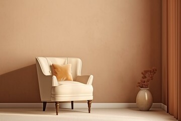 Warm-toned living room interior with armchair against cream wall. Generative AI