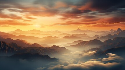  a view of a mountain range with a sunset in the background.  generative ai