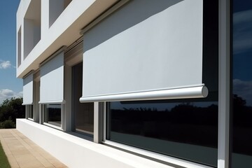 Outdoor roller blinds on contemporary windows. External window blinds. Generative AI