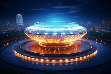 Futuristic soccer stadium with neon lights, depicted in a 3D rendering. Generative AI