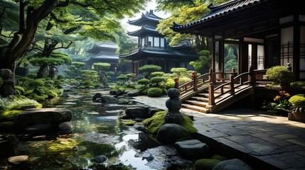 Fototapeta na wymiar a japanese garden with a pond and a pagoda in the background. generative ai