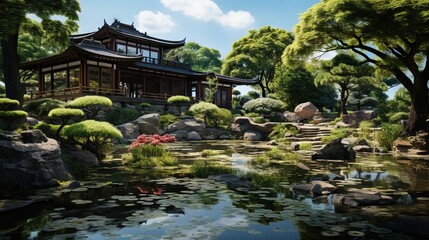 Fototapeta na wymiar a painting of a japanese garden with a pond and pagoda. generative ai