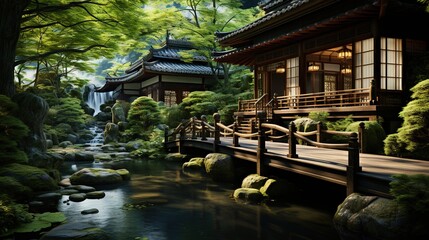  a painting of a japanese garden with a waterfall and a bridge.  generative ai