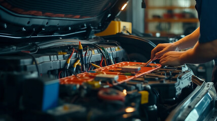 A technician check the electrical system inside the car.,generative ai