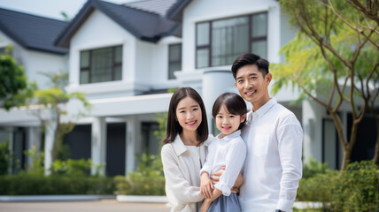 photograph of Asian family portrait in front of the house happy family home concept ,generative ai