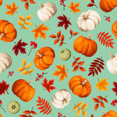 Autumn seamless pattern with orange, brown, and yellow autumn leaves, orange and white pumpkins, and rowanberries on a green background. Vector seamless background