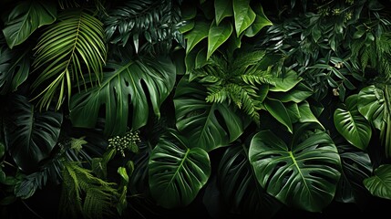  a large group of green leaves on a black background with a black background.  generative ai