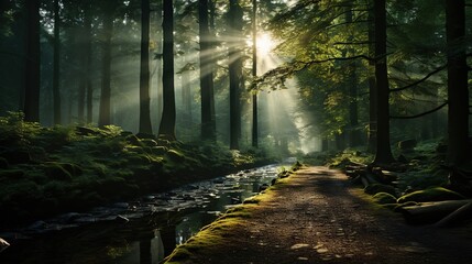  a path through a forest with a stream running through it.  generative ai