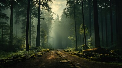  a dirt road in the middle of a forest filled with trees.  generative ai