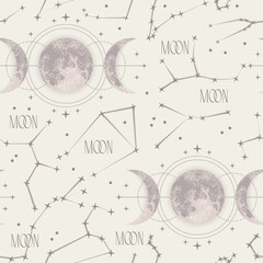 Seamless pattern with moon, crescent, stars, triple moon sign and zodiacal constellations. Wicca moon goddess symbol. Astrology, alchemy, boho, magic, mystery concept. Monochrome detailed illustration
