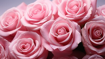  a bunch of pink roses with water droplets on them are shown.  generative ai