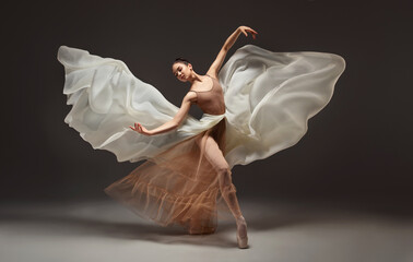 Ballerina. Young graceful woman ballet dancer, dressed in professional outfit, shoes and beige weightless skirt is demonstrating dancing skill. Beauty of classic ballet. - obrazy, fototapety, plakaty