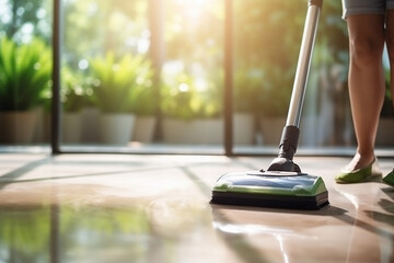 Vacuum woman domestic housework cleaner hygiene floor housekeeping cleaning room home household