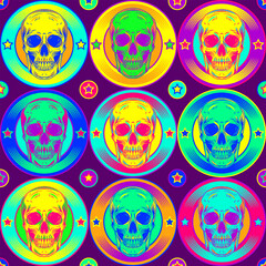 Pop art seamless pattern with circular labels with human skull, stars. Vintage inverted labels in fluorescent neon colors. Colorful bright illustration